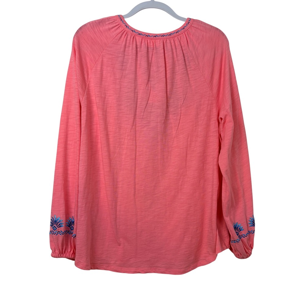 Embroidered Coral Peasant Top with Blue Tassel - Picture 6 of 8
